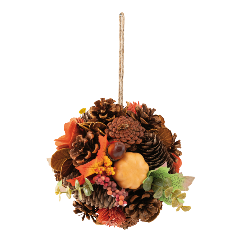 Autumn ball, ⌀ 15cm made of artificial silk/wooden branches/styrofoam, with real cones, with hanger