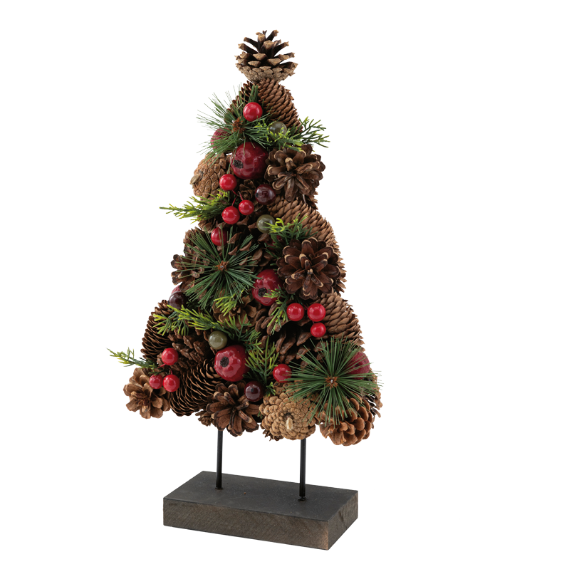 Fir tree with wooden base, 41x38cm Holzfuﬂ: 8,5x15x2,5cm out of plastic/natural material, one-sided, back only decorated with cones